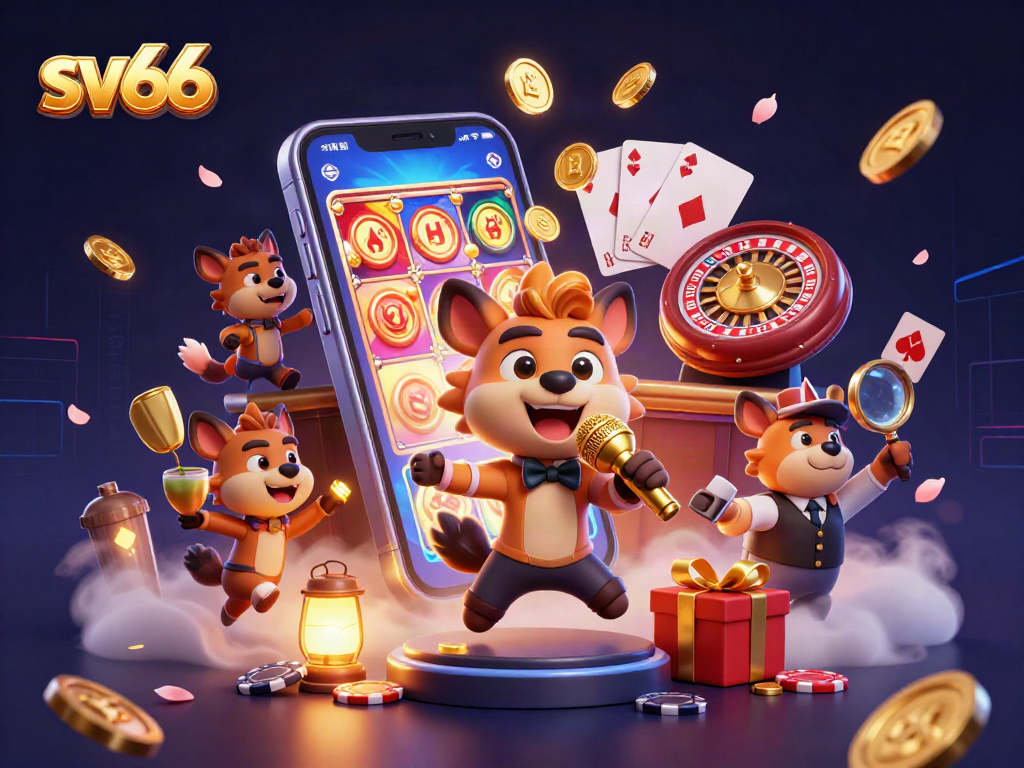 sv66 comedy casino scene featuring hyenas, slot games, and vibrant gaming elements.