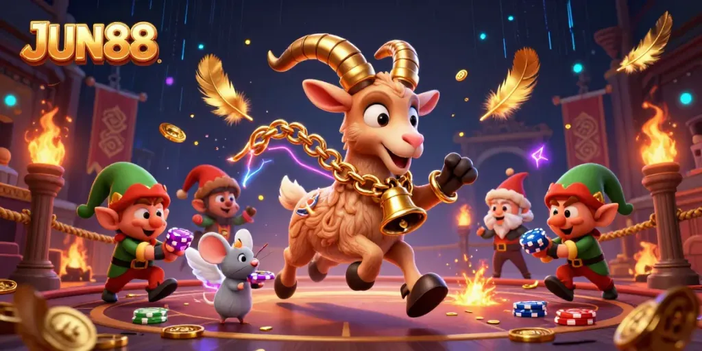 Join the fun at JUN88 as the Krampus goat runs a spooky casino with mischievous elves.