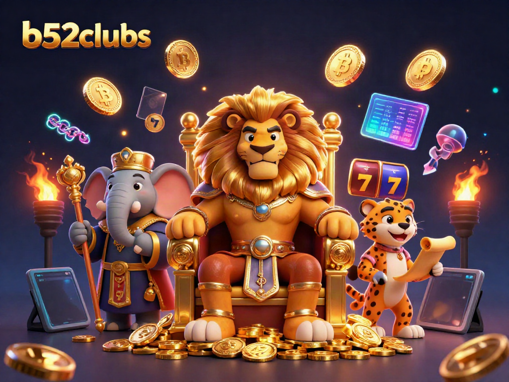 Experience thrilling slot gaming with b52clubs featuring a lion king, elephant advisor, and cheetah messenger, surrounded by gold coins.
