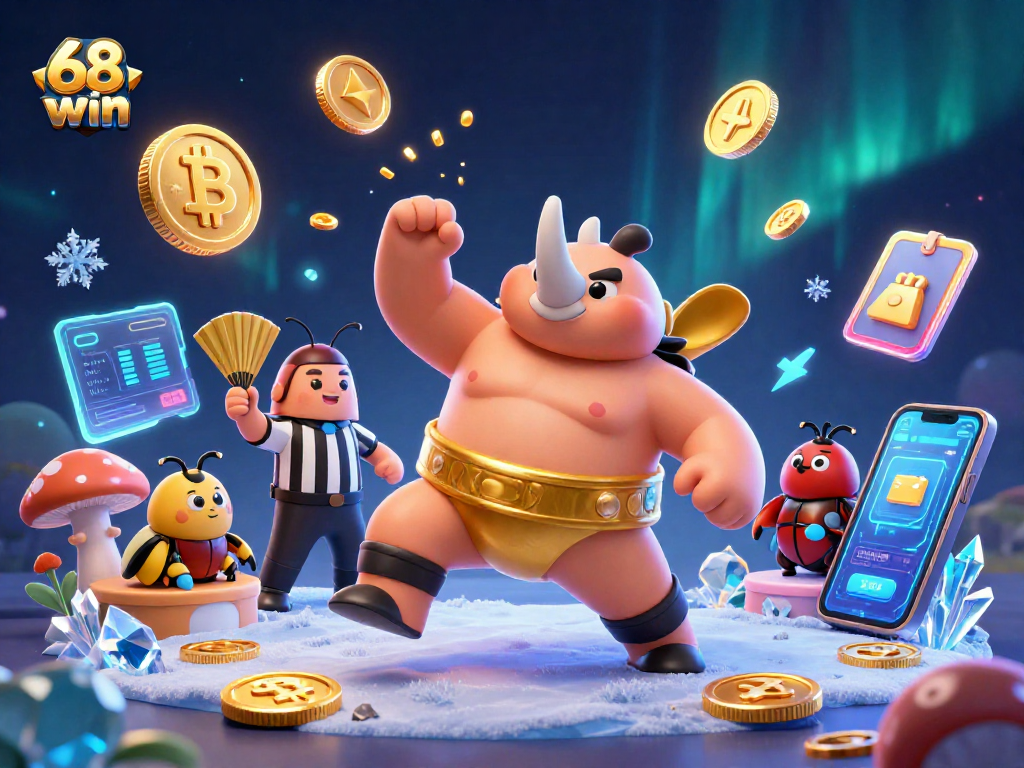 Watch 68win's vibrant 3D scene with a sumo champion beetle amidst flying coins, enhancing the gaming excitement.