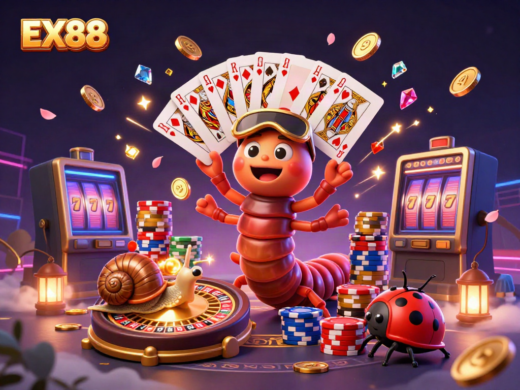 Experience the thrill of gaming with the EX88 dealer in action amidst vibrant casino elements.