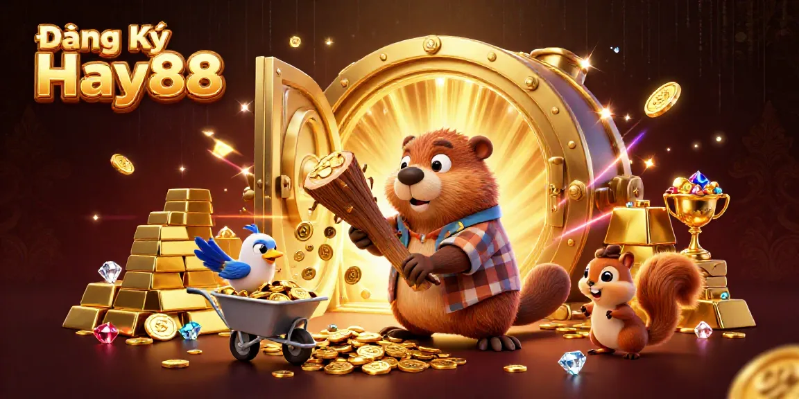 Exciting scene of Đăng Ký Hay88 with a cartoon beaver and friends in a casino world filled with gold coins and jewels.