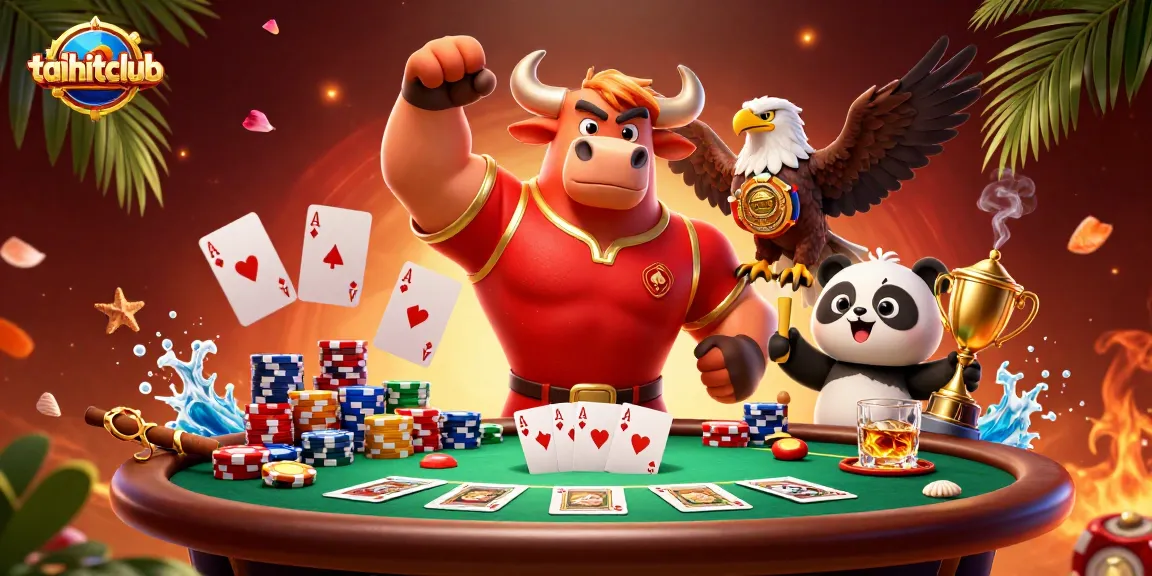 Engage with taihitclub's vibrant casino scene featuring a bull, eagle, and panda amidst poker elements.