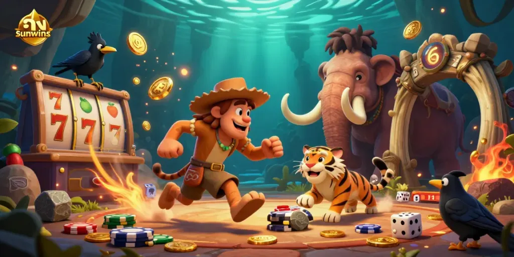 Experience thrilling gameplay at sunwins with our animated casino featuring cavemen, tigers, and gold!