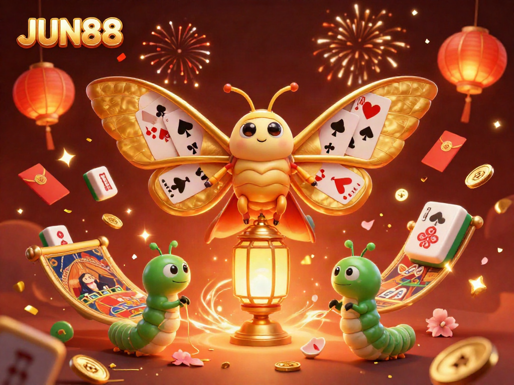 Experience captivating casino excitement with JUN88 in a vibrant 3D illustration featuring an atlas moth and casino elements.