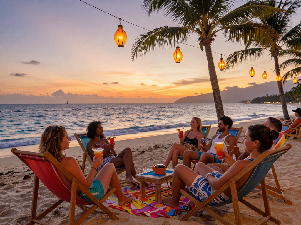 Friends enjoying sunset at a beach resort, showcasing vibrant non UK casinos atmosphere.