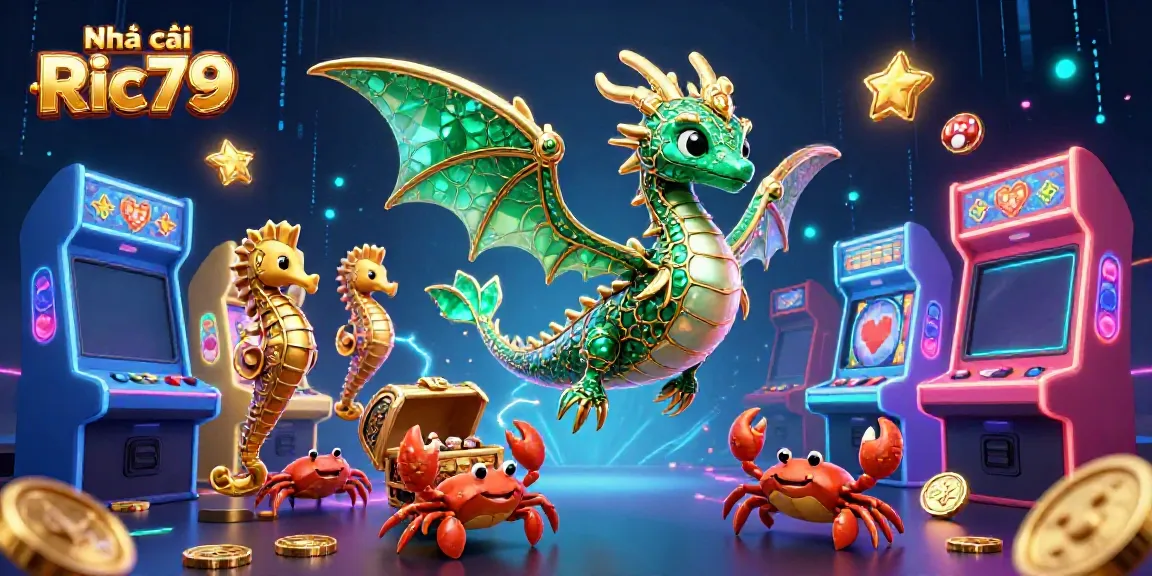 Engage with Nhà cái Ric79's casino magic featuring a majestic emerald sea dragon and thrilling gaming elements.