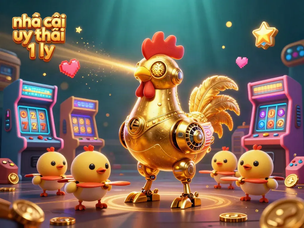 Engage in exhilarating gaming with nhà cái uy tín 1 ly, featuring a golden rooster robot and arcade elements.