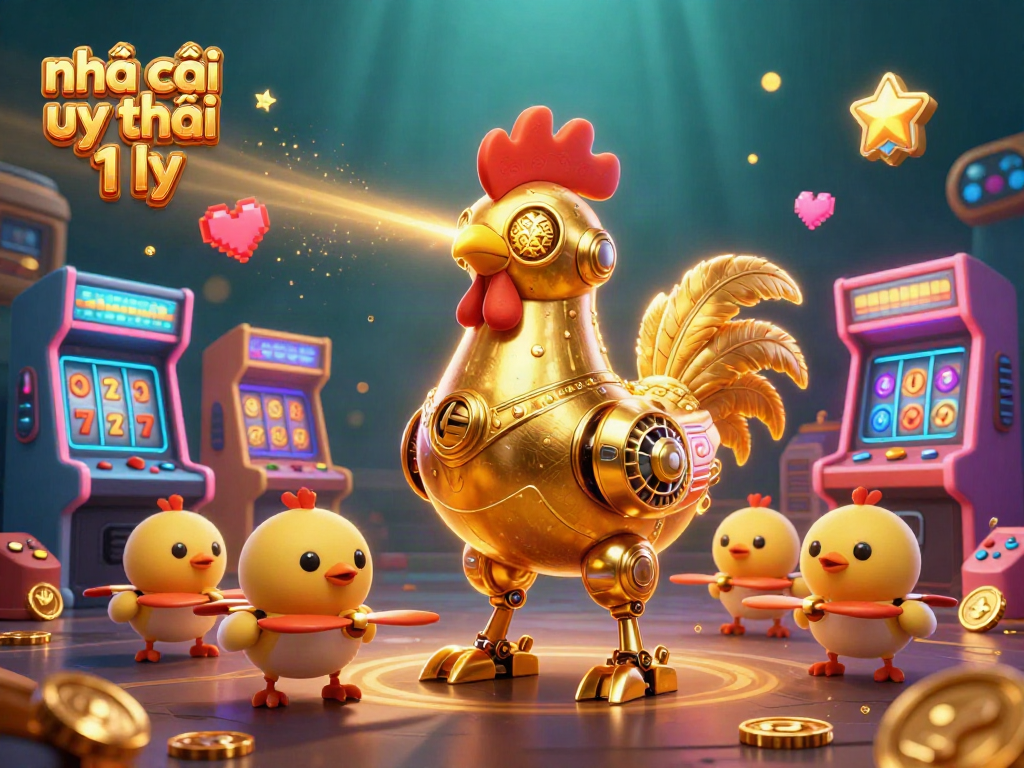 Engage in exhilarating gaming with nhà cái uy tín 1 ly, featuring a golden rooster robot and arcade elements.