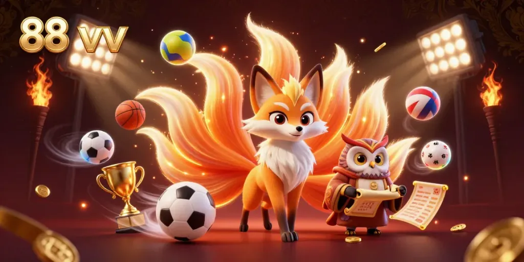 Engage with the lively scene of 88 vv as a nine-tailed fox and wise owl guide bettors in a vibrant casino setting.