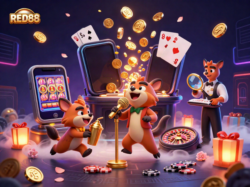 Experience laughter at RED88's casino with lively hyenas engaging in comedy and gaming.