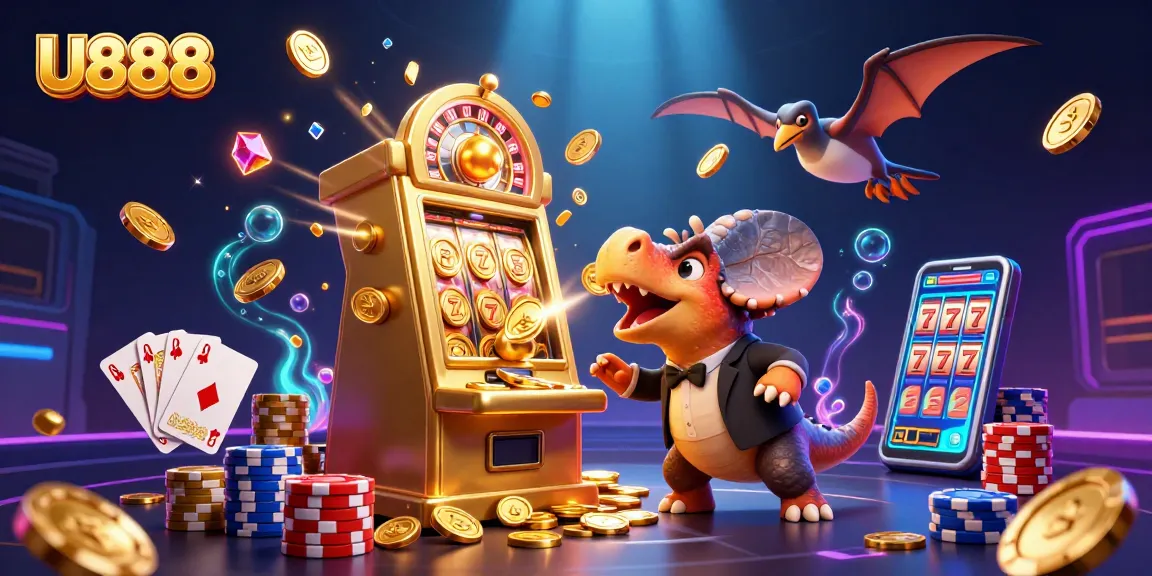 U888 showcases a pachycephalosaurus hitting a slot machine for jackpot coins in a vibrant casino scene.