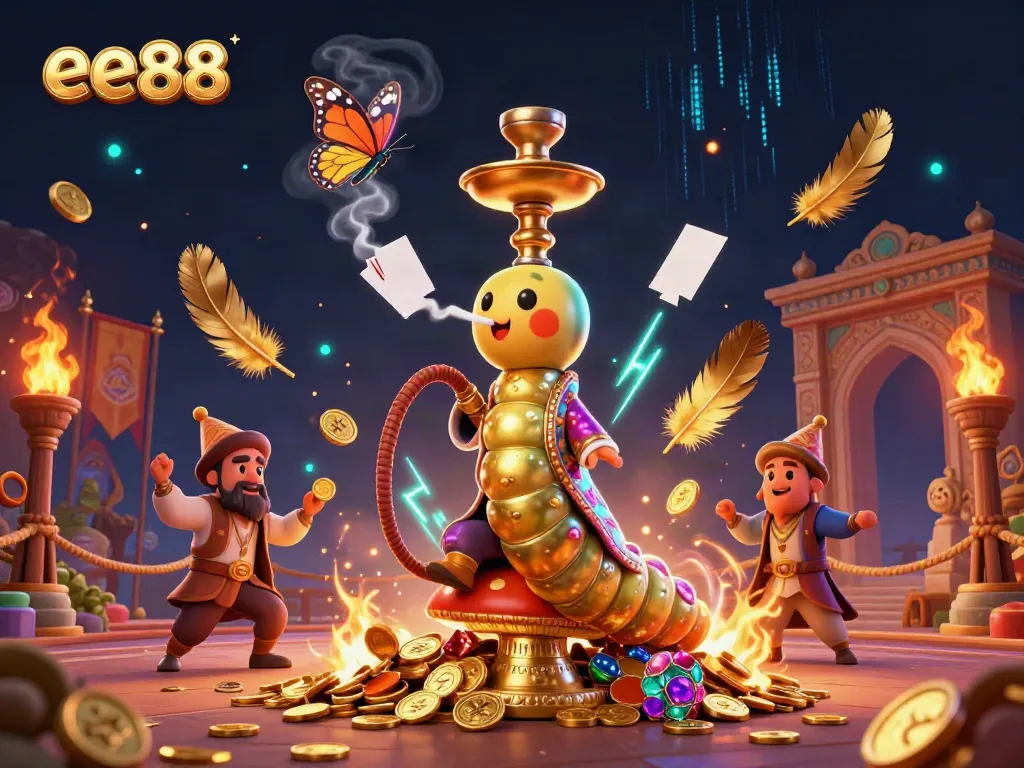 Engage with exciting poker action at ee88, featuring a vibrant scene of a caterpillar hookah-master.