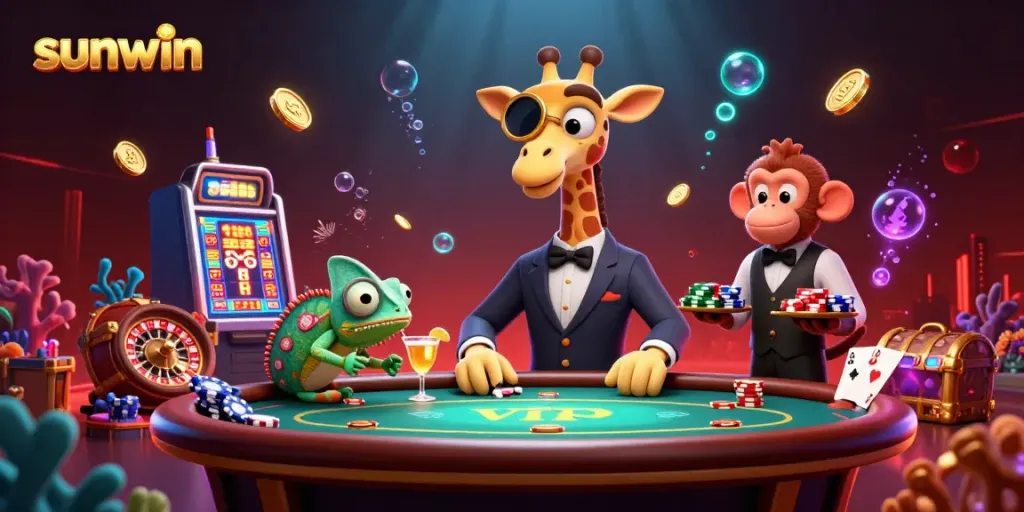 Experience the excitement of sunwin with a vibrant 3D casino scene featuring a giraffe and colorful gaming elements.