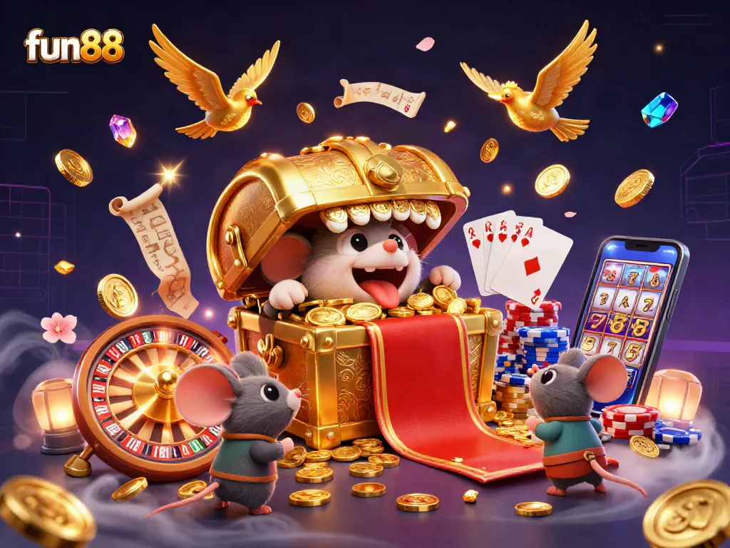 Experience fun88's thrilling casino games with dazzling treasure, coins, and vibrant visuals.