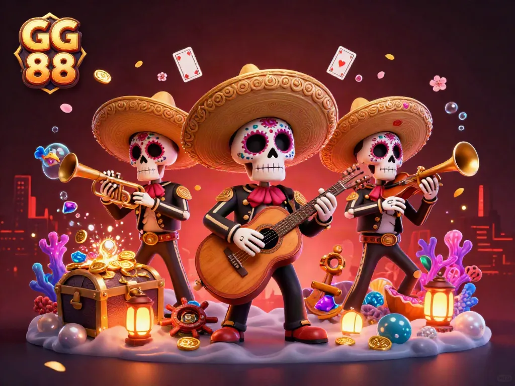 Experience the thrilling gaming world of GG 88 with colorful skeleton mariachi characters amidst gold and casino elements.