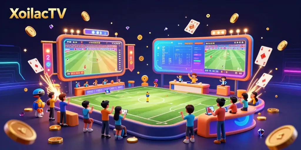 XoilacTV showcases thrilling live sports, excitement in betting, with a vibrant sports arena illustration.