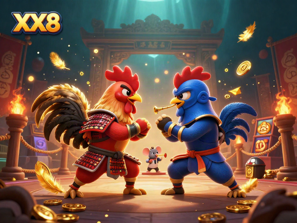 Engage in thrilling bets with the roosters of XX8 in a vibrant casino showdown.