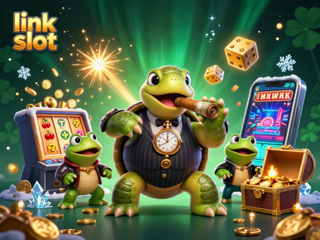 Experience excitement with link slot as a giant turtle in a pinstripe suit unwinds, flanked by bullfrog enforcers amidst casino magic.