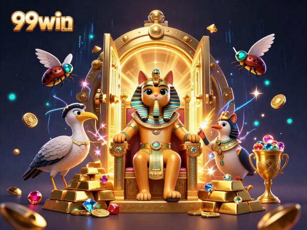 Engage in thrilling fun with 99win com, illustrated through the lively Egyptian theme in an advanced casino setting.