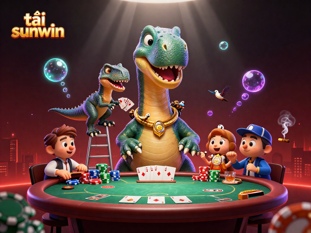 Experience excitement with tải sunwin as a dinosaur towers over a lively poker scene.