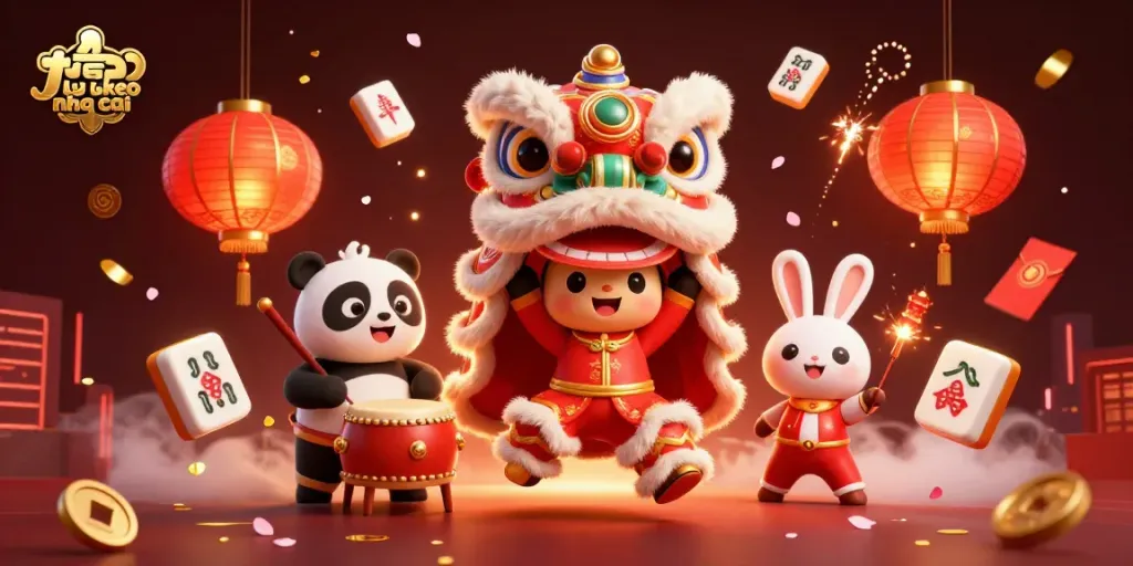 Experience the vibrant ty le keo nha cai in a dynamic 3D illustration with a lion dance, drumming panda, and festive elements.