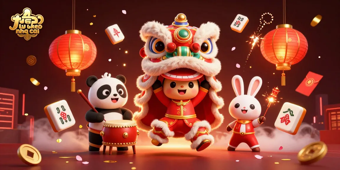 Experience the vibrant ty le keo nha cai in a dynamic 3D illustration with a lion dance, drumming panda, and festive elements.
