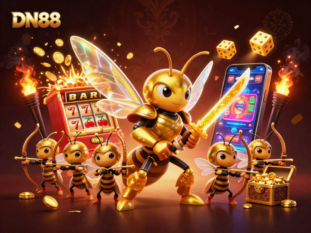 Enter the thrilling realm of DN88 with a slot machine and captivating gaming characters.