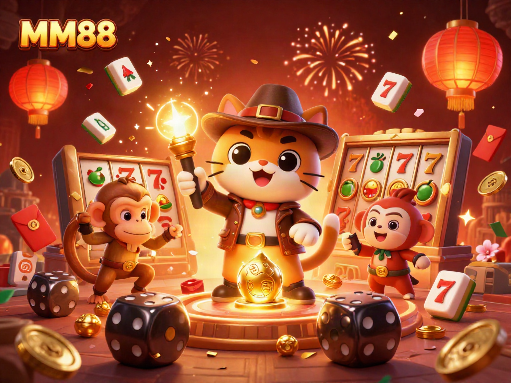 Experience winning thrills with MM88 in a vivid illustration of an archaeologist cat and monkey amidst a vibrant casino.