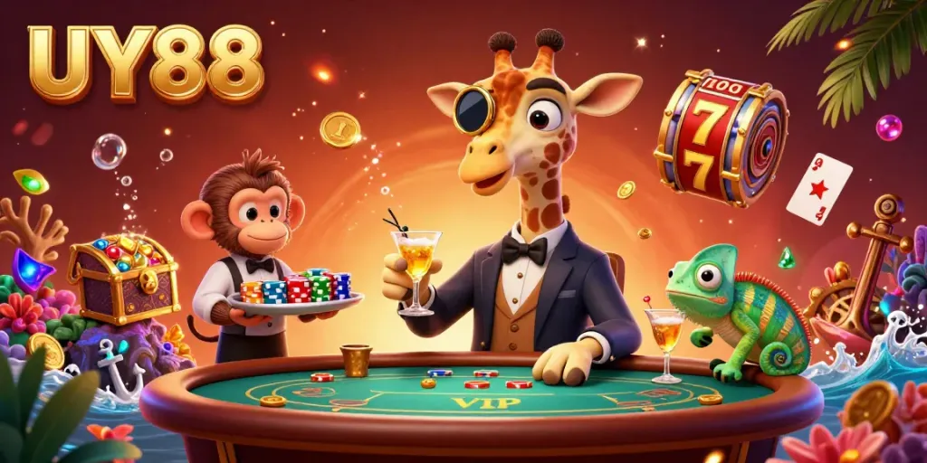 Experience UY88 excitement with a vibrant casino scene featuring a high-roller giraffe, poker table, and slot elements.