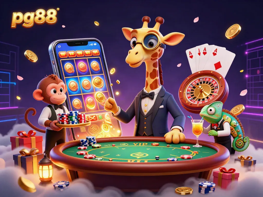 Experience the excitement of pg88 with a high-roller giraffe at a vibrant casino scene, showcasing games and fun.