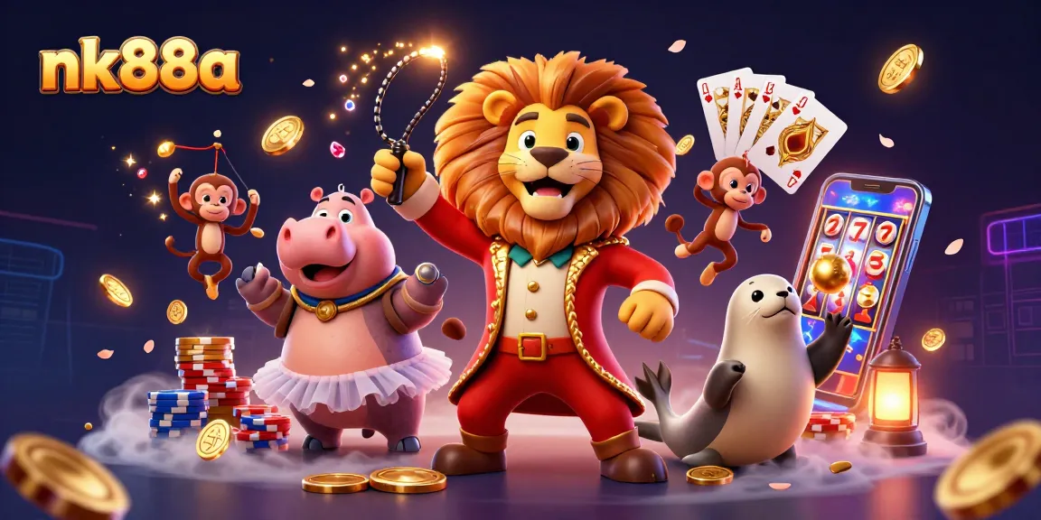 Experience thrilling gaming at nk88a with dynamic circus characters and sparkling casino elements.