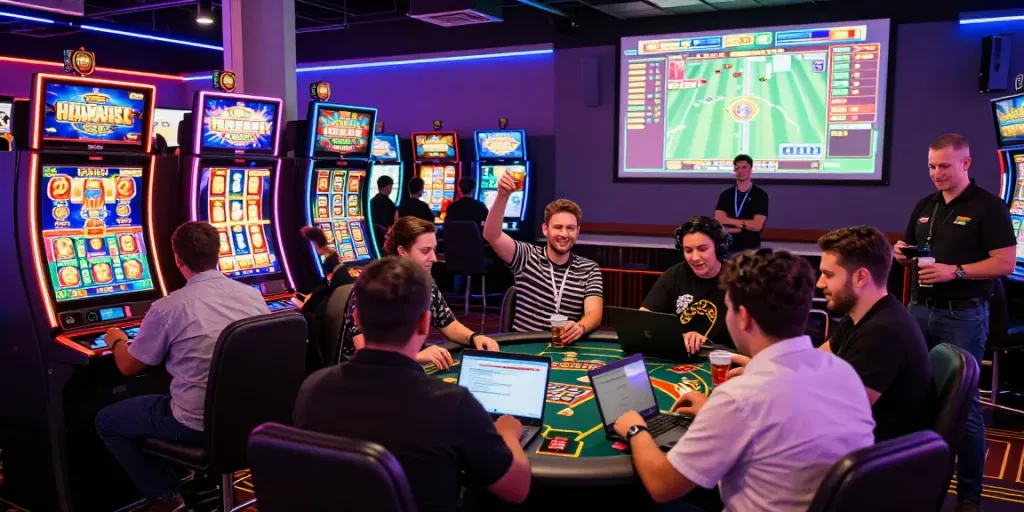 Exciting gameplay at non GamStop casinos with players enjoying colorful slots and live dealer tables, celebrating wins.