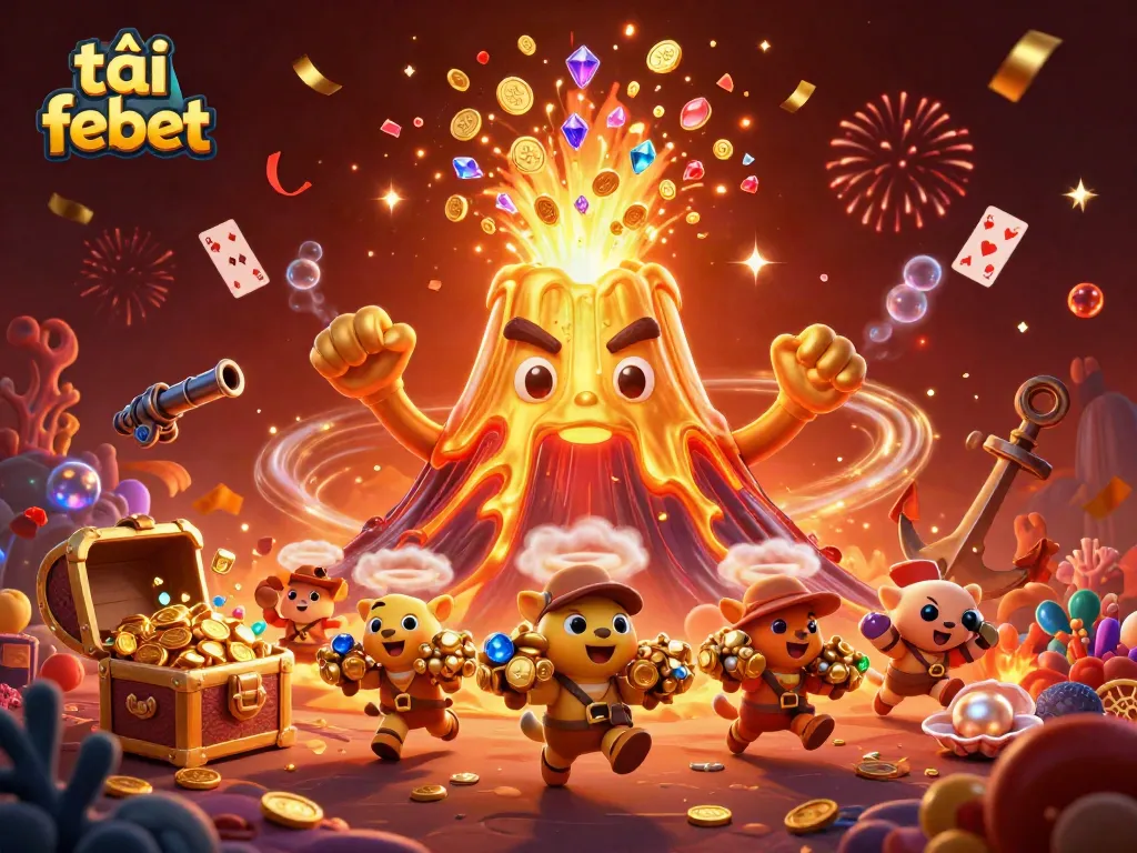 Experience the excitement with tải febet as golden coins rain down from a volcanic treasure!