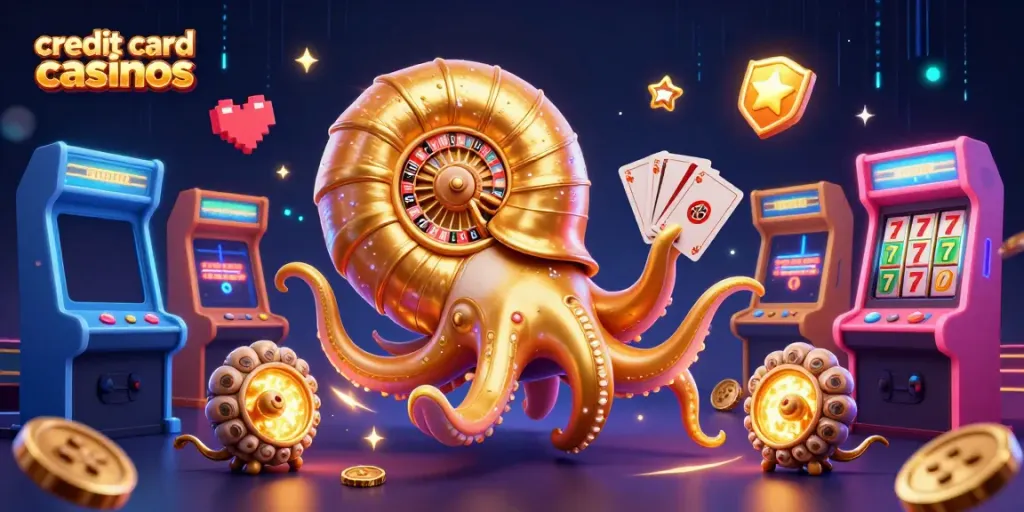 Experience the allure of credit card casinos with our vibrant 3D illustration featuring a giant nautilus and more.