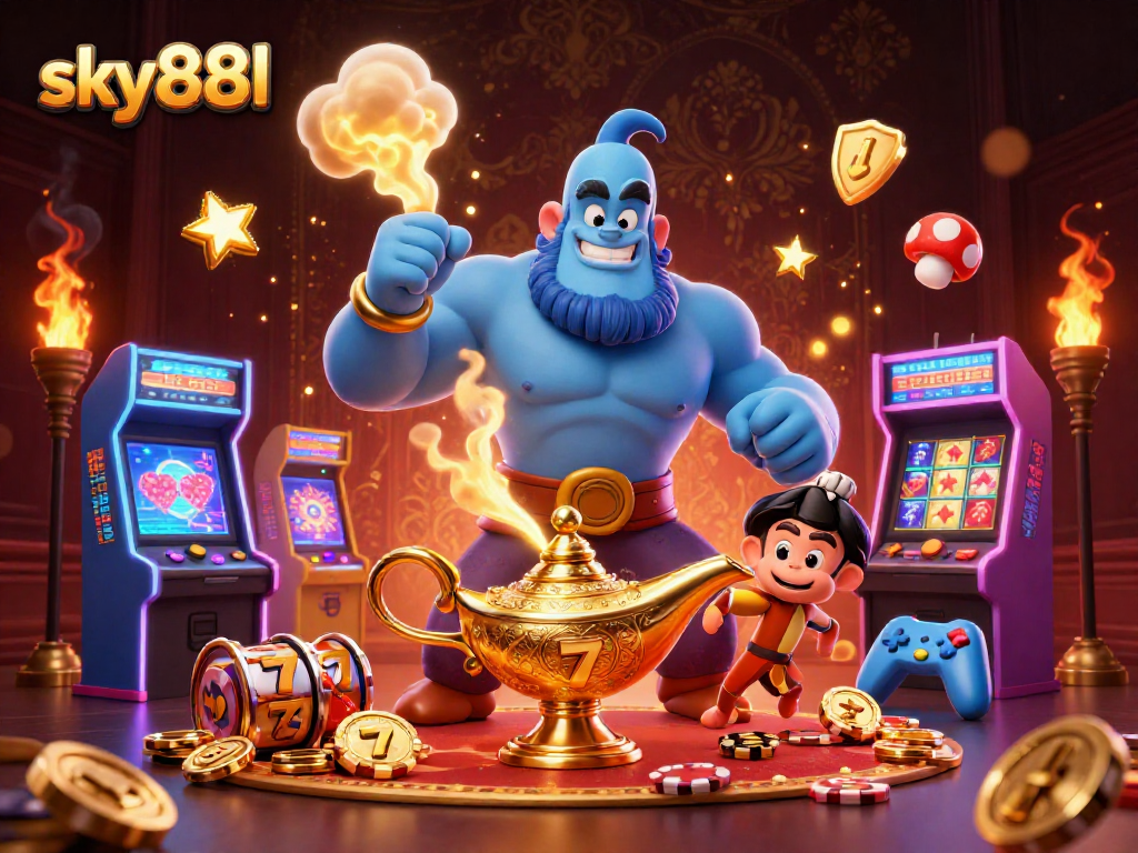 Engage with exciting casino action at sky88l featuring colorful slots and a playful genie.