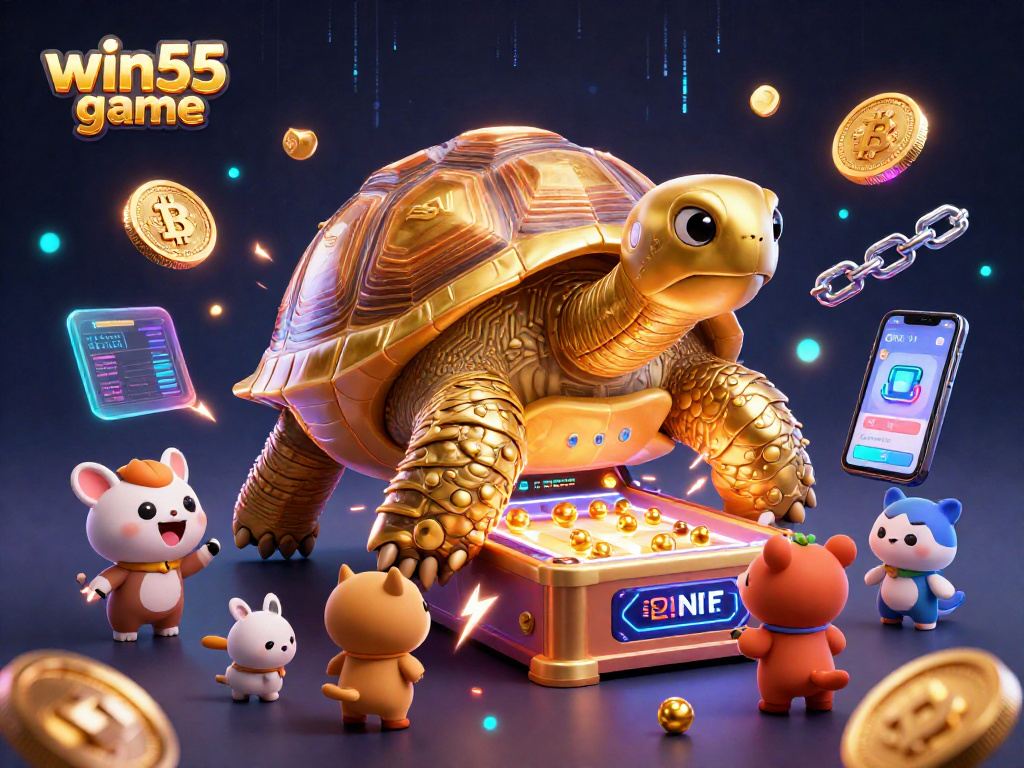 Engage in the win55 game featuring a vibrant tortoise pinball machine and crypto elements.