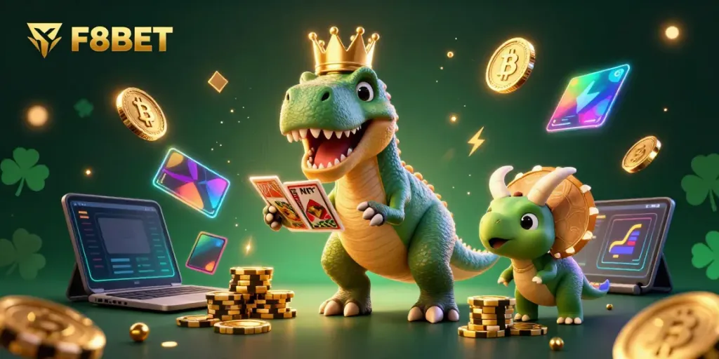 Experience F8BET with a friendly T-Rex, pterodactyl, and triceratops showcasing cards, chips, and crypto.