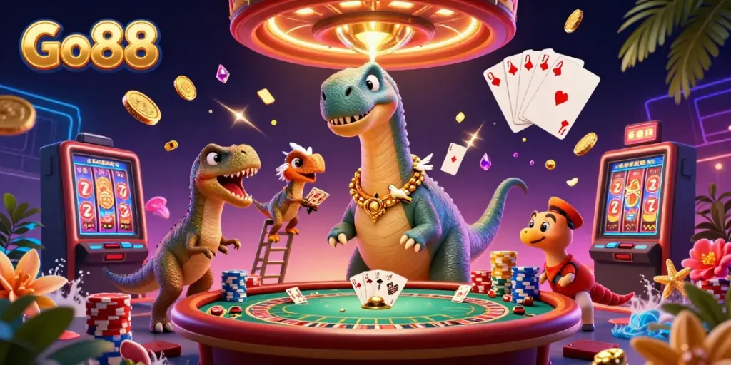 Experience the excitement of Go88 with a vibrant casino scene featuring a massive brontosaurus and animated elements.