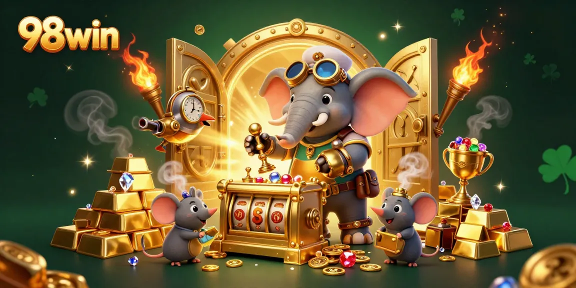 Experience excitement at 98win with a steampunk elephant operating a golden slot machine.