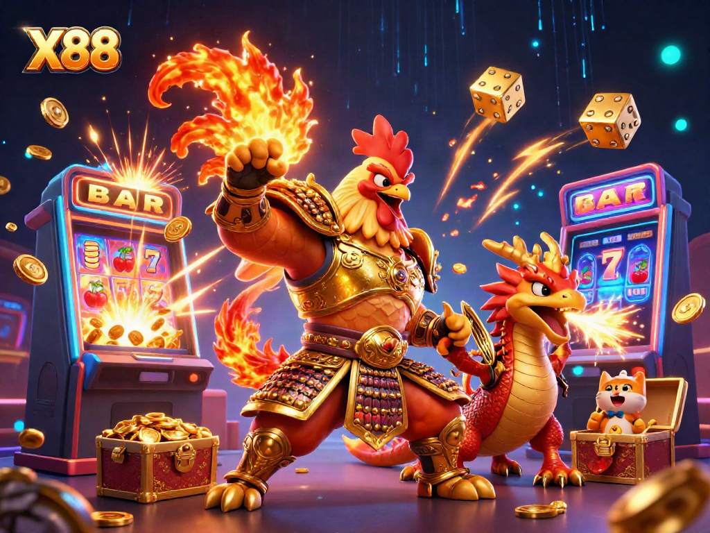 X88 slot machine explosion with animated rooster warrior and dragon hatchling celebrating winnings