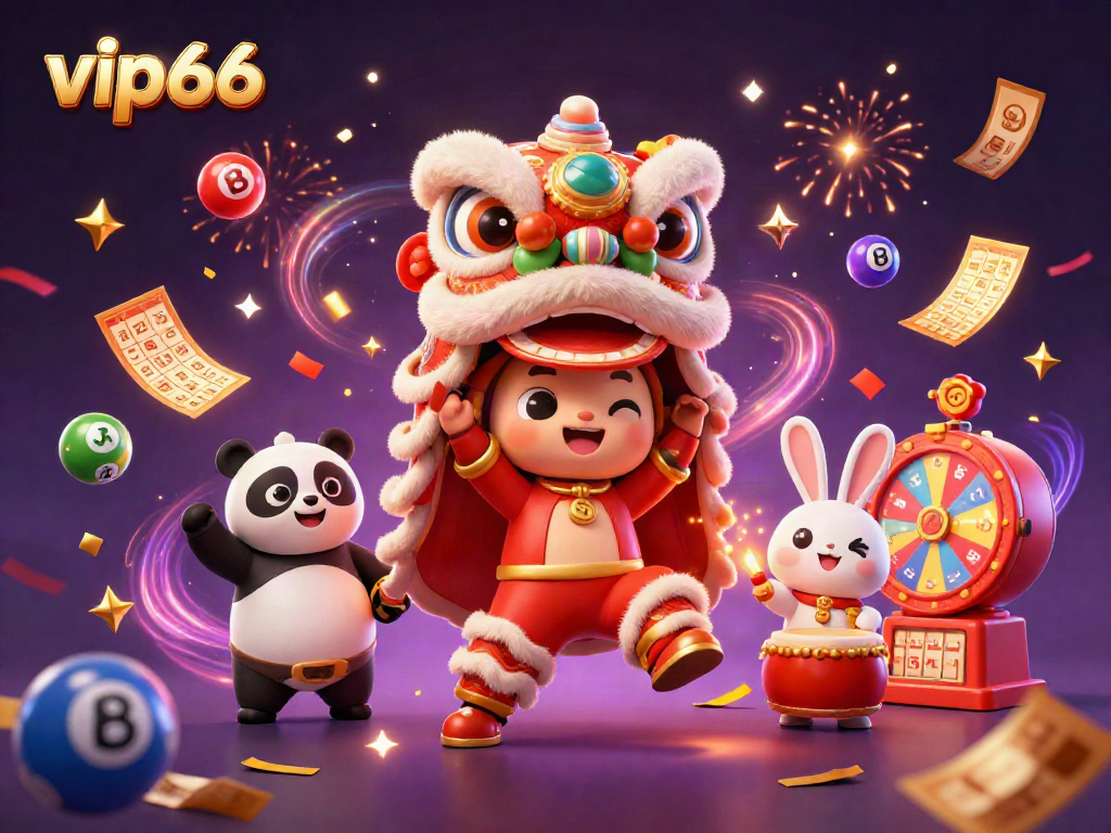 Experience the vibrant excitement of vip66 with a lively 3D lion dance surrounded by dynamic lottery elements.