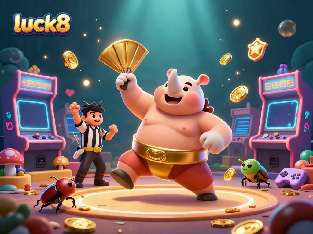 Experience the thrill of luck8 with a dynamic casino scene featuring vibrant arcade elements and a sumo champion beetle.