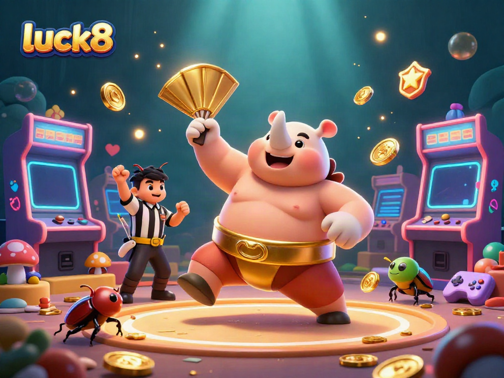 Experience the thrill of luck8 with a dynamic casino scene featuring vibrant arcade elements and a sumo champion beetle.
