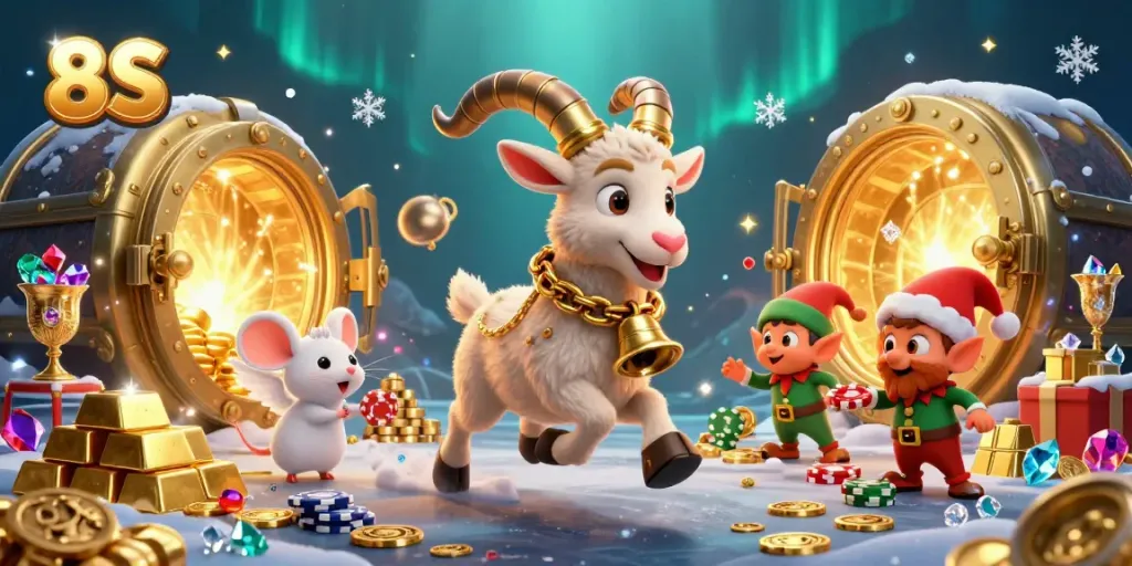 Experience the festive chaos at 8S casino with Krampus, an angel mouse, and mischievous elf gremlins stealing chips.