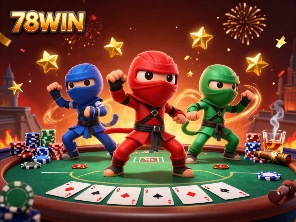Engaging scene of 78WIN chameleons showcasing their casino spirit while throwing poker chips and cards.