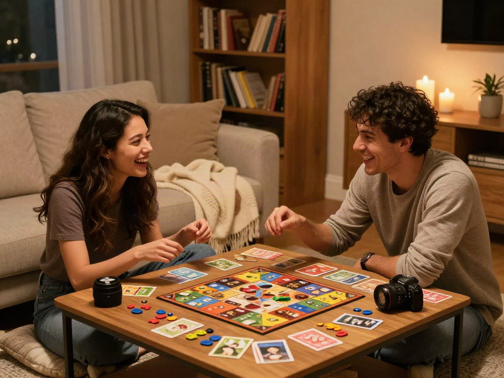 Engaging couples enjoying a sex game together in a cozy home setting.