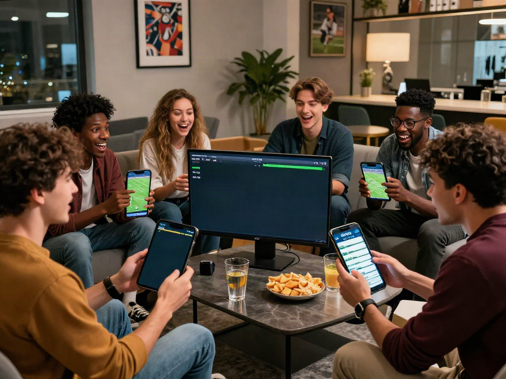 Friends enjoying a sports betting experience with the debet com app in a lively lounge.