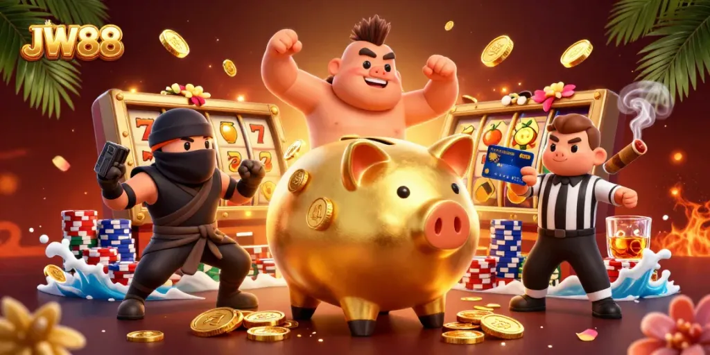 Engage with JW88's thrilling atmosphere as the golden piggy bank sumo wrestler stomps, showering coins.