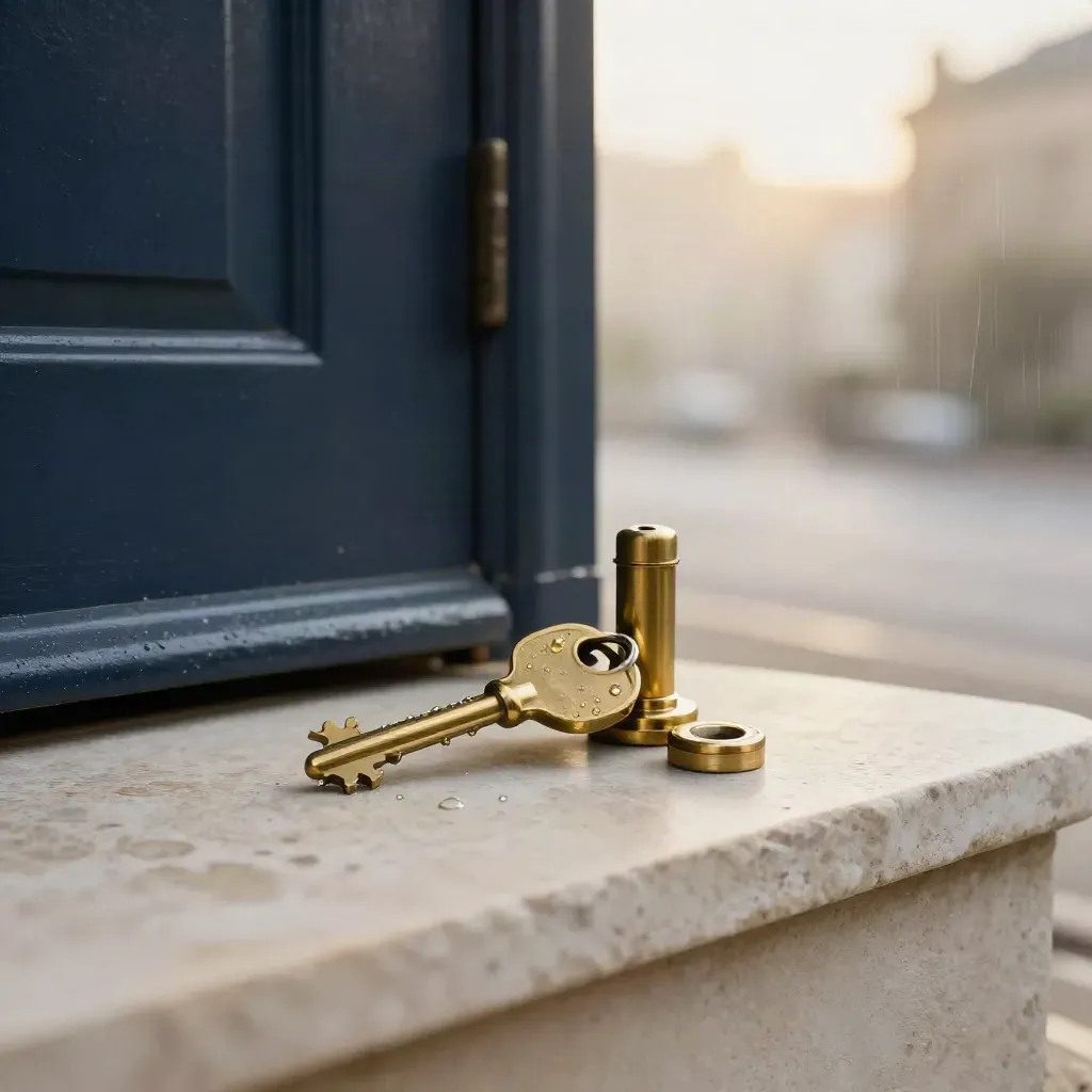 Brass front-door keys and lock hardware on pale stone, lit by cool dawn after rain